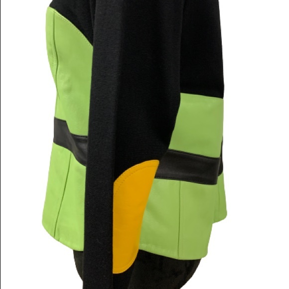 ONE GIRL WHO Multicolor Chevron Leather Patch & Knit Zip Jacket Shacket Sweater - Picture 6 of 12